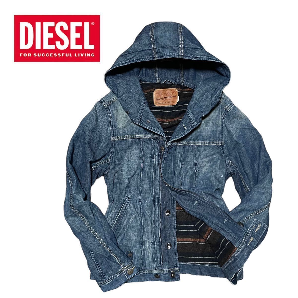 DIESEL デニム ジップパーカー Mサイズ ディーゼル Gジャン ライダース フード ジャケット ジージャン 裏地ボーダー ウール シルク混_画像1