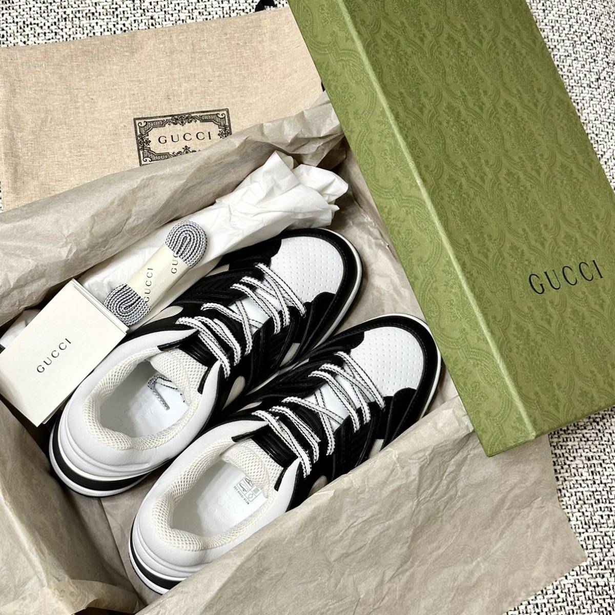 新品未使用☆グッチ バスケット シューズ レースアップ スニーカー 26cm 27cm 8 Gucci Basket Lace-Up Sneakers ホワイト 白 ブラック 黒_画像3