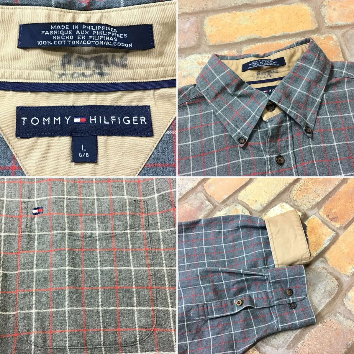 SD7-788★USA古着★状態良好【TOMMY HILFIGER トミーヒルフィガー】片ポケット 長袖 ボタンダウン チェックシャツ【メンズ L】灰 ゆるダボ_画像5