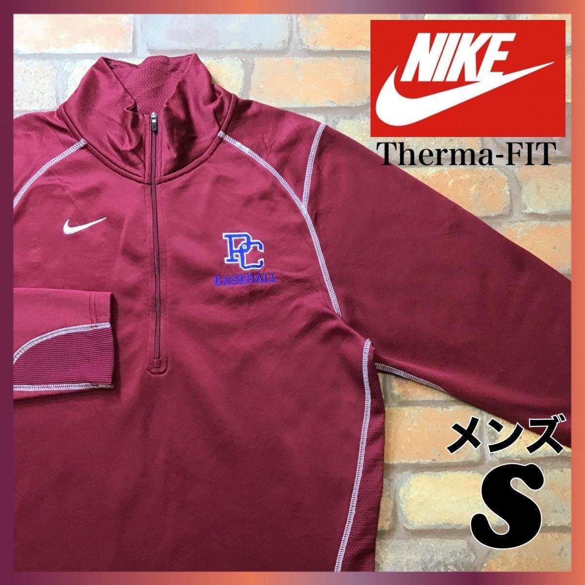 ME5-520★アメリカ直輸入★正規品★【NIKE ナイキ】Therma-FIT 刺繍ロゴ ハーフジップ ハイネック 長袖シャツ【US メンズ S】エンジ 野球_画像1