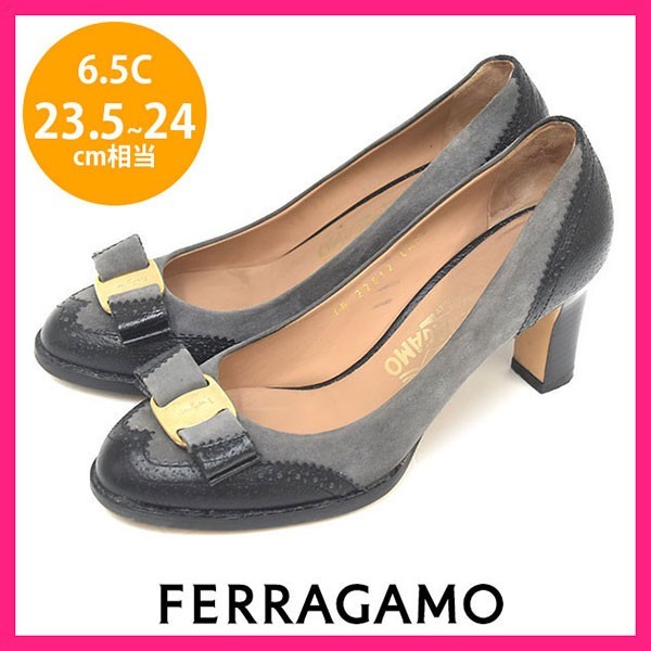 サルヴァトーレフェラガモ Salvatore Ferragamo ヴァラリボン スカラップ パンプス グレー×ブラック 黒 6.5C(約23.5-24cm) sh24-0940