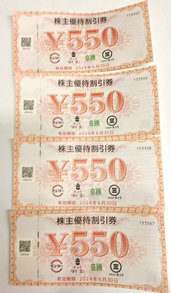 1円～★回転寿司 スシロー 大衆 寿司居酒屋 杉玉 株主優待券 株主優待　割引券 550円×4枚 2200円分 有効期限：2024年６月30日 みさき 京樽_画像2