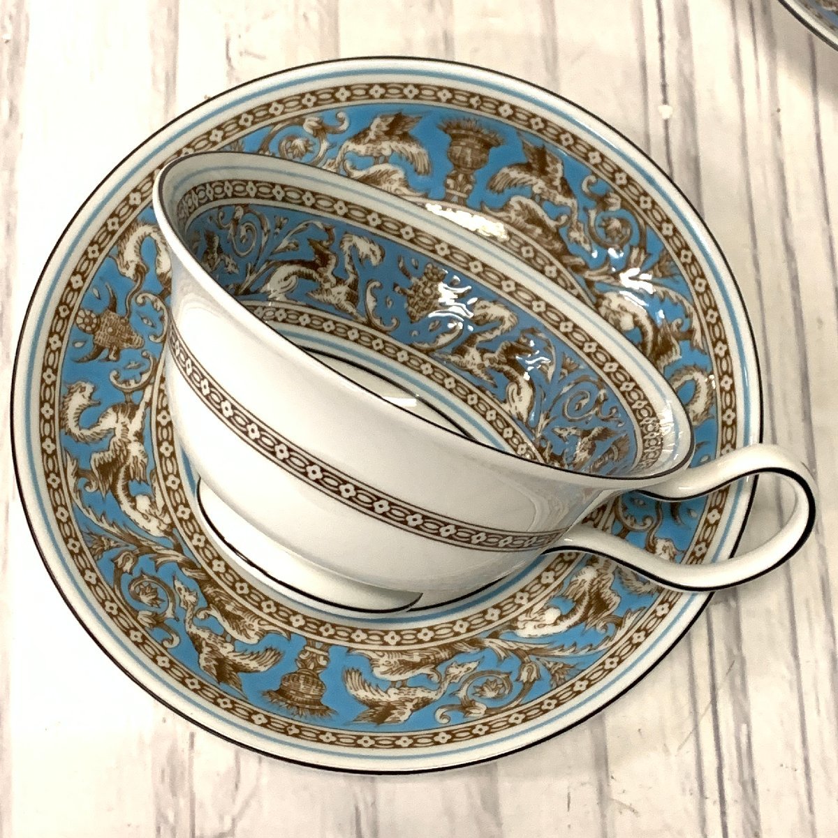 s001 H4 保管品 ウェッジウッド フロレンティーン ティーカップ＆ソーサー2客 ターコイズ ピオニー WEDGWOOD 紅茶 中古_画像7