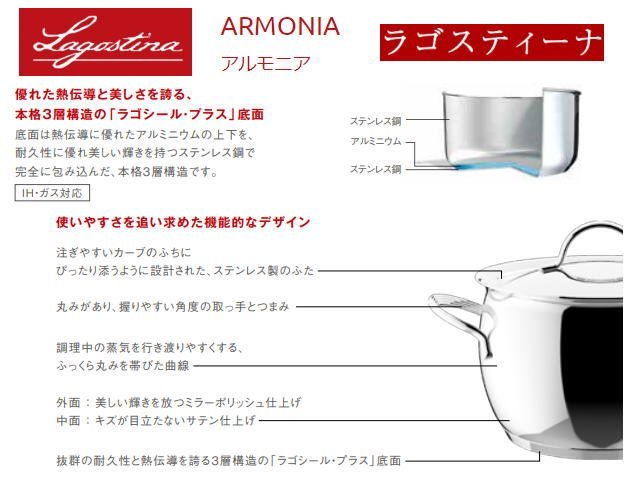 未使用☆Lagostina/ラゴスティーナ(アルモニア) イタリア製 ステンレス製調理器具4点セット（ストックポット・シチューポット・ミルクポッ_画像2