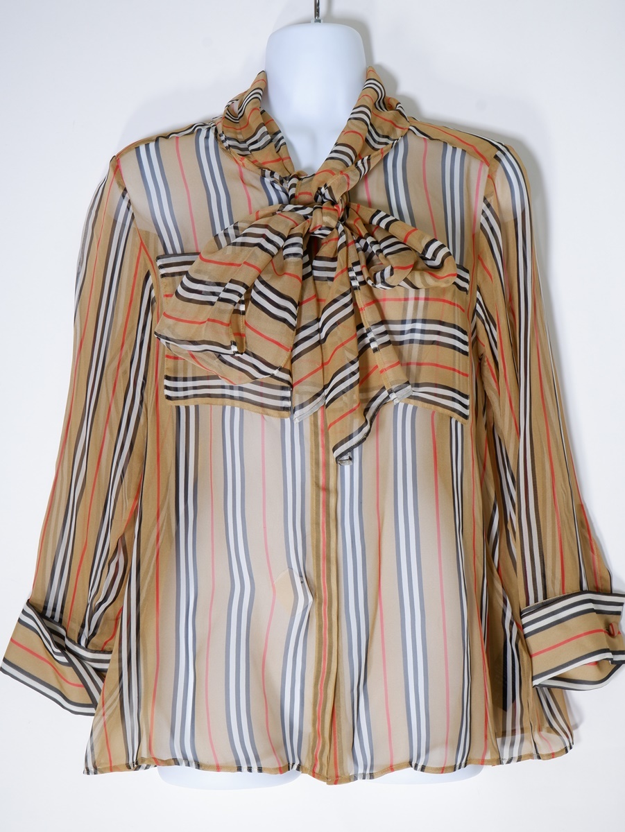 バーバリーBURBERRY Icon Stripe Silk Pussy-bow Blouseアイコンストライプ チェック プッシーボウ シルクブラウス[LSHA69659]_画像2