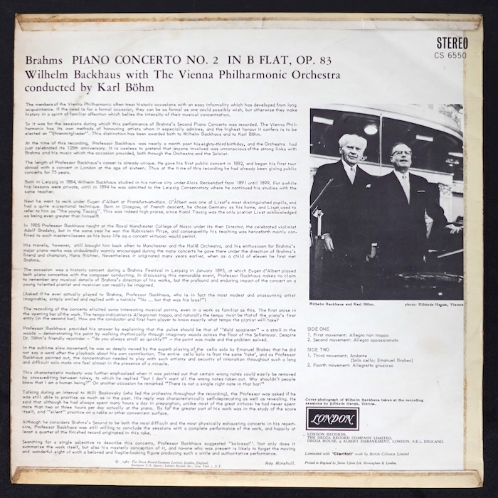 Backhaus Bohm Brahms Piano Concerto No.2 UK盤 大ffrr CS6550 クラシック_画像2