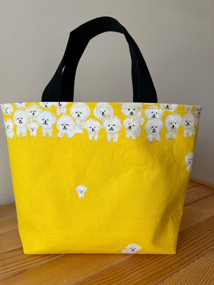 ミニトートバッグ　ランチバッグ　ハンドメイド　犬柄　黄色バッグ