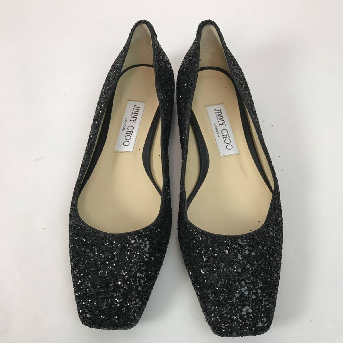 g225 JIMMY CHOO ジミーチュウ グリッターラメ フラットシューズ ローヒール パンプス レザー BLACK ローファー イタリア製 37 正規品_画像2