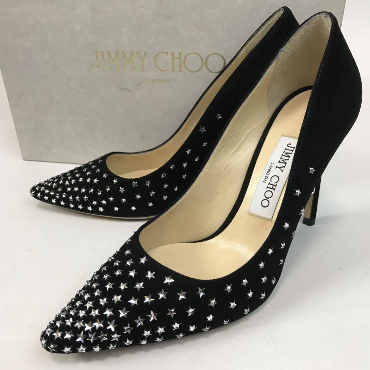 g260 美品 可愛い JIMMY CHOO ジミーチュウ スター ラインストーン スエードレザー パンプス 星 37 イタリア製 ブラック ハイヒール 正規品_画像1