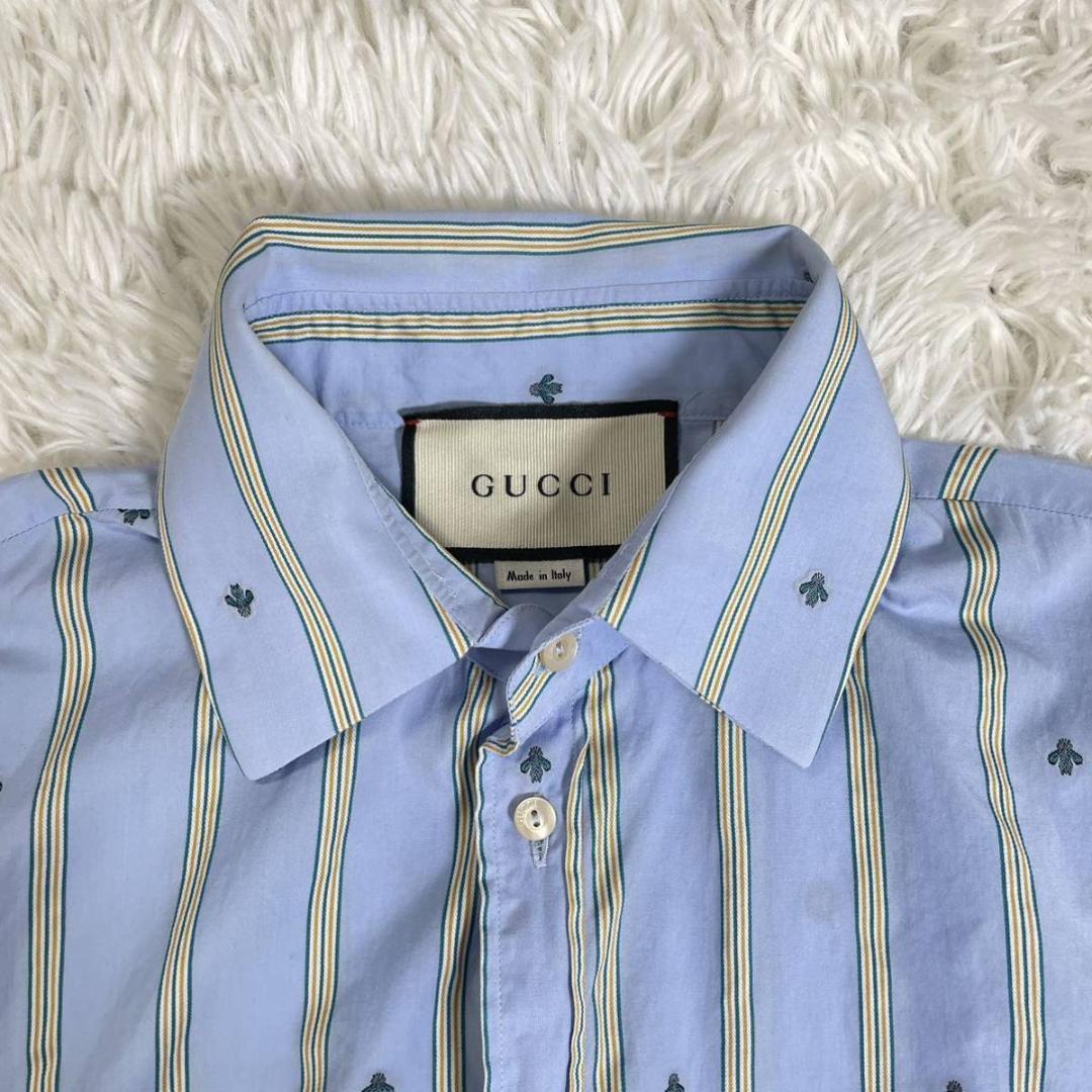 現行品◆希少 グッチ GUCCI ワイシャツ 長袖シャツ ビー 蜂 ストライプ ドレスシャツ カッターシャツ ブルー ビジネス メンズ M アニマリエ_画像2