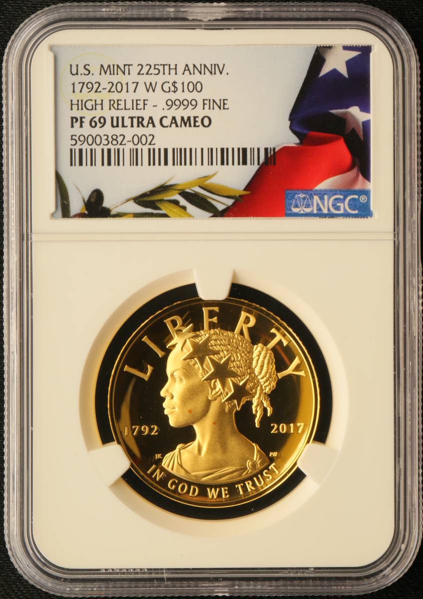 2017W アメリカ アメリカンリバティ225周年ハイレリーフ金貨 100ドル NGC PF69UCAM アンティークコインの画像1