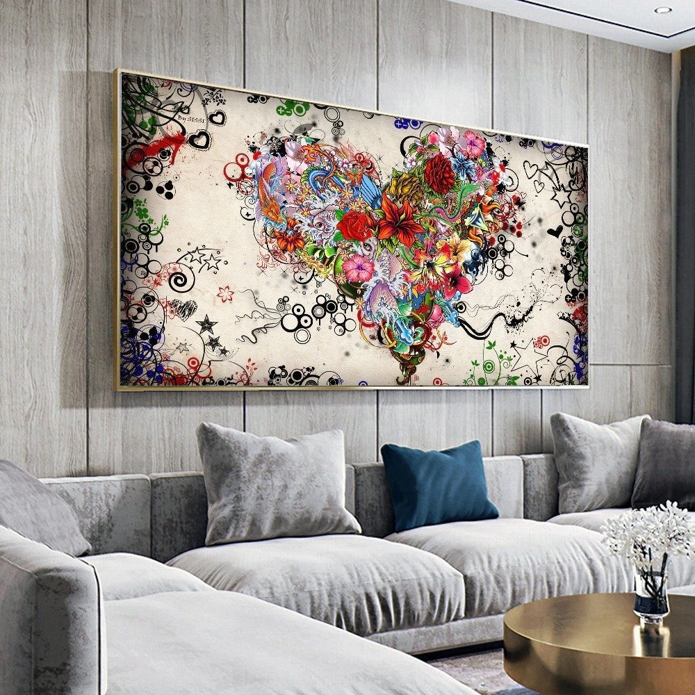 ウォールアート キャンバスプリント 愛の絵画抽象的なカラフルなハートの花 ポスター 60x120cm ZCL1199_画像3