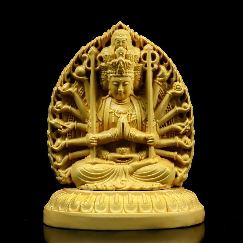 LDL1343# 仏教美術 精密彫刻 仏像 手彫り 八角台座 千手観音 菩薩.._画像2