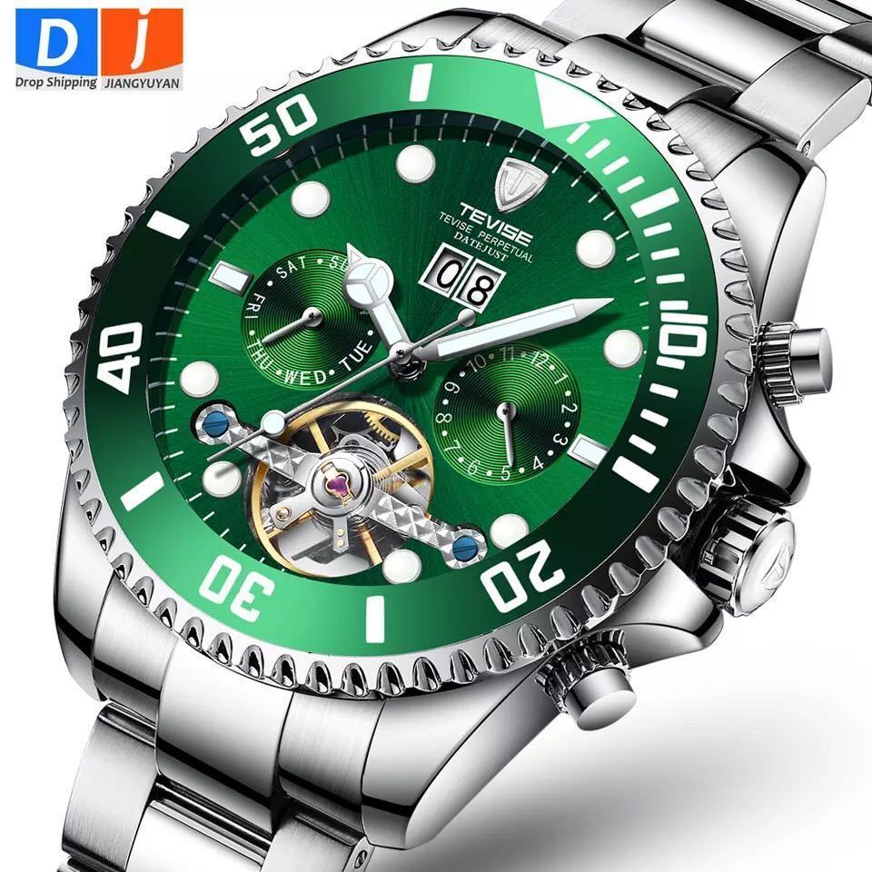 メンズ高級腕時計 機械式自動巻 トゥールビヨン カレンダー 曜日表示 夜光 防水 紳士ウォッチ 6色選択 グリーン ZCL1037_画像1