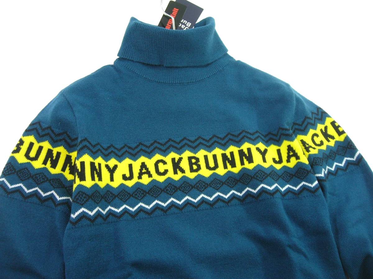 新品 ジャックバニー/パーリーゲイツ　ジャガードロゴ タートルネック ニット　6/LL　ターコイズ ハイネック 「Warm Knit」 Jack Bunny!!_画像2