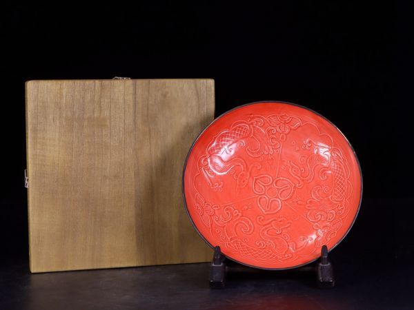 古びた蔵『宋 定窯 陶磁器 珊瑚紅釉彫刻盤』極細工 置物 擺件 古賞物 古美術 中国古玩