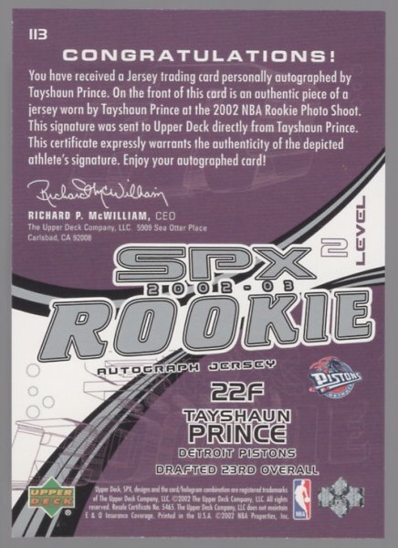 02-03 SPx Tayshaun Prince JSY Auto RC /1999_画像2