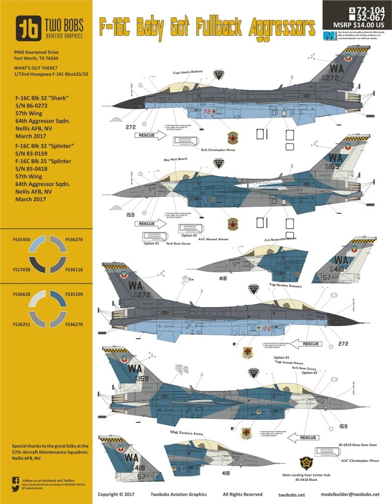 ツーボブス TWO BOBS 72-104 Lockheed-Martin F-16C Baby Got Fullback Aggressors 1/72 用デカール_画像1