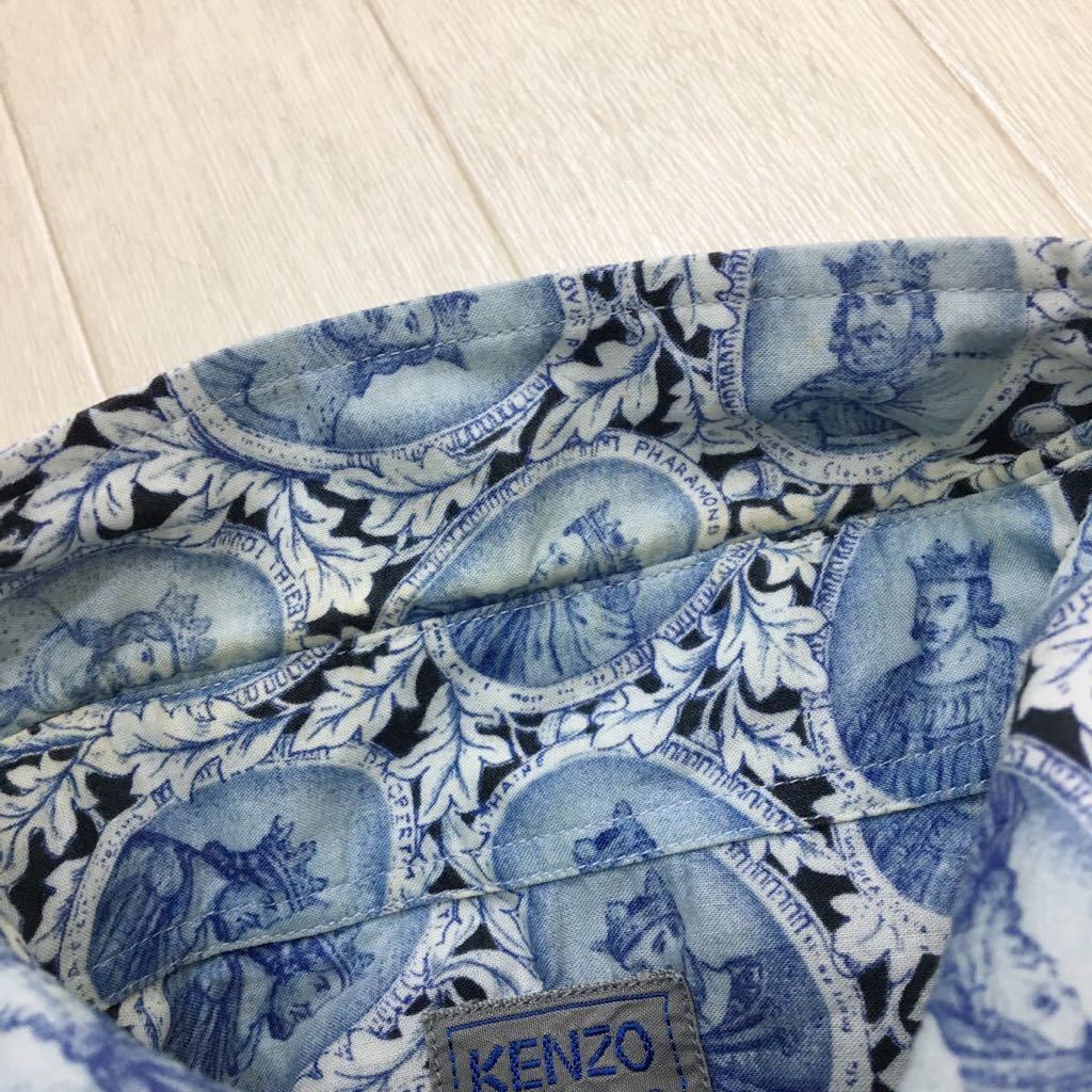 C321 KENZO ケンゾー イタリア製 生地使用 ボタンダウン 長袖 シャツ カジュアルシャツ トップス メンズ 2 ブルー 青 総柄_画像7