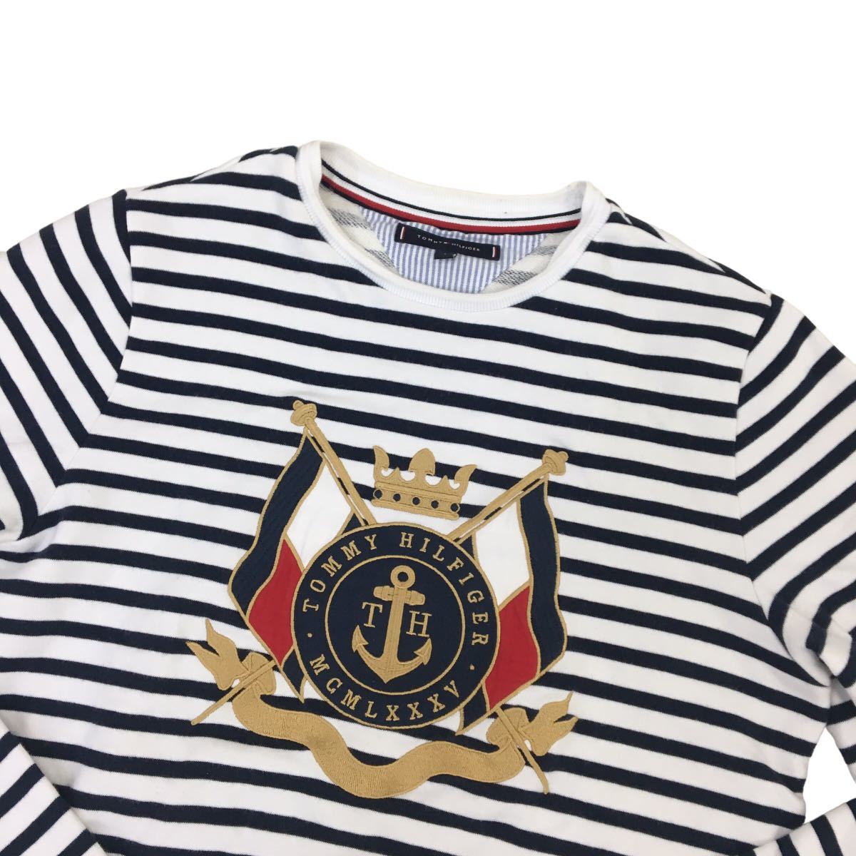 ND169 TOMMY HILFIGER トミーヒルフィガー 長袖 スウェット トレーナー トップス プルオーバー コットン 綿100% ネイビー系 メンズ S_画像2