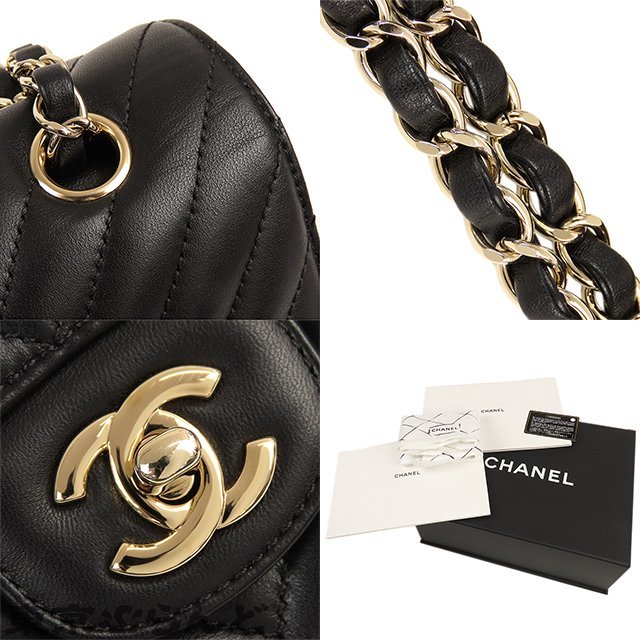 101698633 シャネル CHANEL Wフラップ Wチェーン ショルダーバッグ ブラック ゴールド金具 ラムスキン シェブロン ショルダーバッグ_画像8