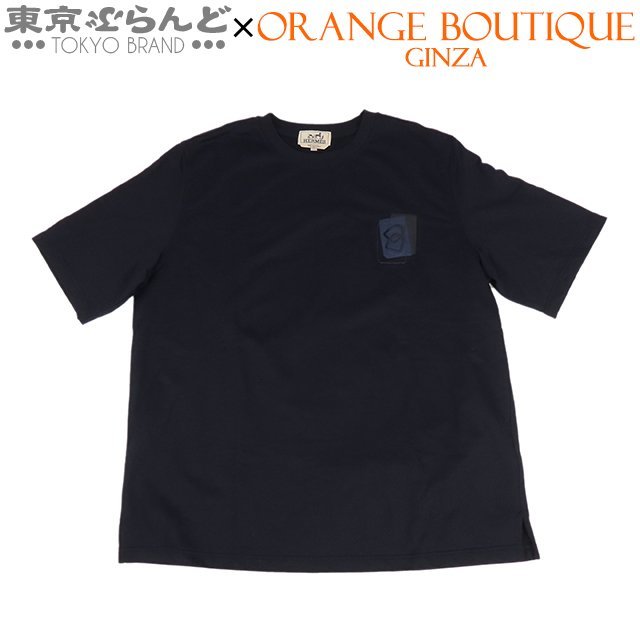 101712558 エルメス HERMES Tシャツ ブラック ネイビー コットン シープレザー カットソー 23年AW L 半袖 メンズ