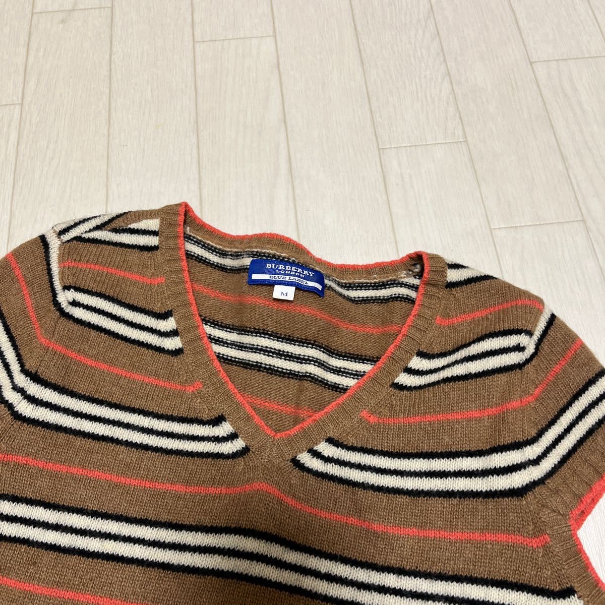 和234★ BURBERRY LONDON BLUE LABEL バーバリーロンドン ブルーレーベル 半袖 ニット セーター ボーダー M レディース ブラウン ピンクの画像3