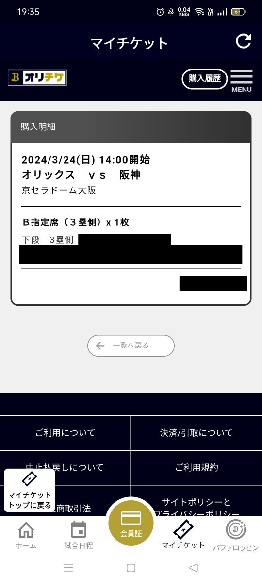 3/24 オリックス 対 阪神 B指定席 3塁側 1枚_画像1