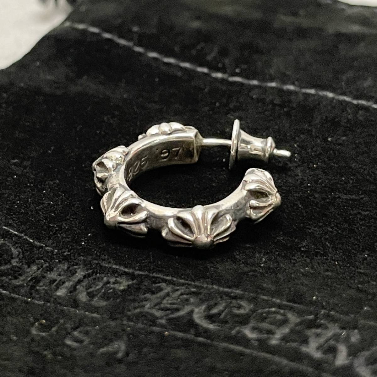 1円〜 美品 CHROME HEARTS クロムハーツ クロスバンド フープピアス SV925 キャッチ社外_画像4