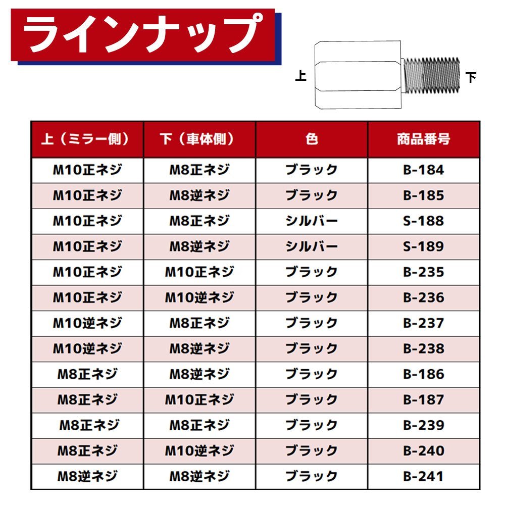 メール便OK！ミラー アダプター(ミラー側 逆 10mm 車体側 正 8mm P1.25) ネジ バイク 汎用 1本 ネジサイズ変換 変換プラグ ブラック B-237の画像5