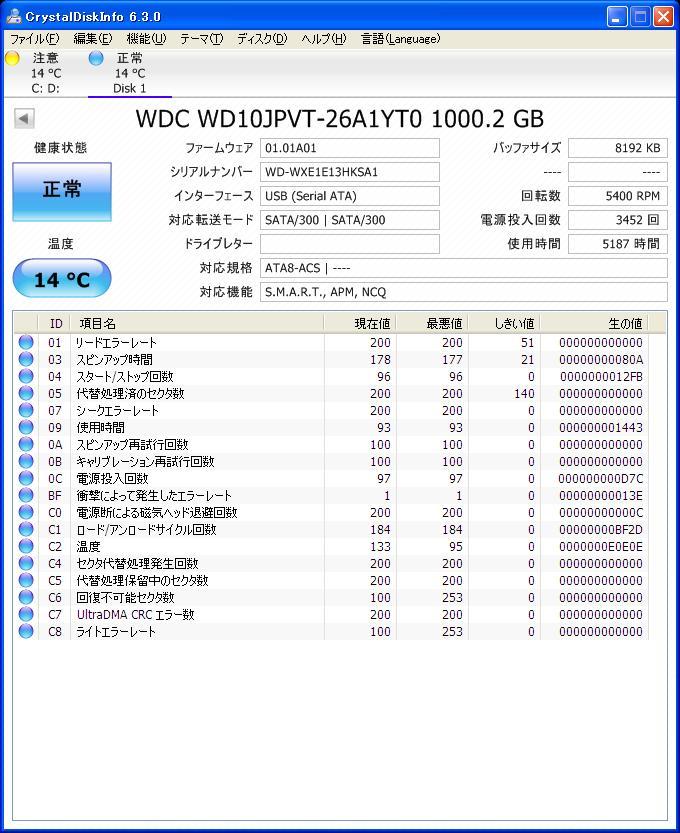 ☆ Western Digital　WD10JPVT 9.5mm 2.5インチHDD 1TＢ (5187時間） ☆4140_画像3