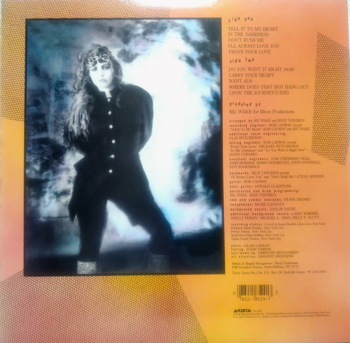 【LP 洋Pop】Taylor Dayne「Tell It To My Heart」オリジナル US盤_裏ジャケット