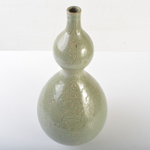 朝鮮美術　李朝　高麗青磁印刻花文　瓢箪瓶　高さ約37cm　古玩　OJWB_画像5