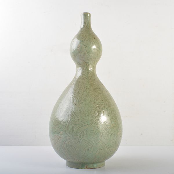 朝鮮美術　李朝　高麗青磁印刻花文　瓢箪瓶　高さ約37cm　古玩　OJWB_画像3