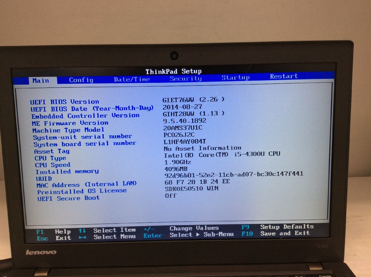 ジャンク/ LENOVO 20AMS37U1C ThinkPad X240 Intel Core i5-4300U メモリ4.1GB ストレージ無し 【G19521】の画像8