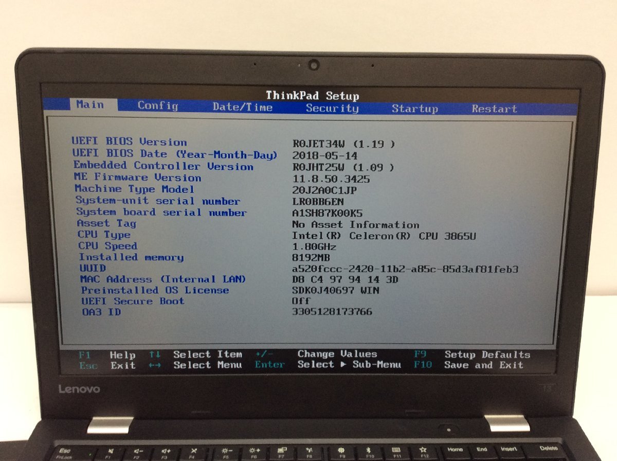 ジャンク/ LENOVO 20J2A0C1JP ThinkPad 13 2nd Gen Intel Celeron 3865U メモリ8.19GB SSD128.03GB 【G19487】_画像5