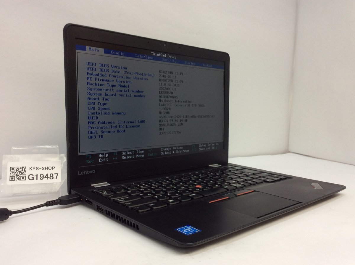 ジャンク/ LENOVO 20J2A0C1JP ThinkPad 13 2nd Gen Intel Celeron 3865U メモリ8.19GB SSD128.03GB 【G19487】_画像1