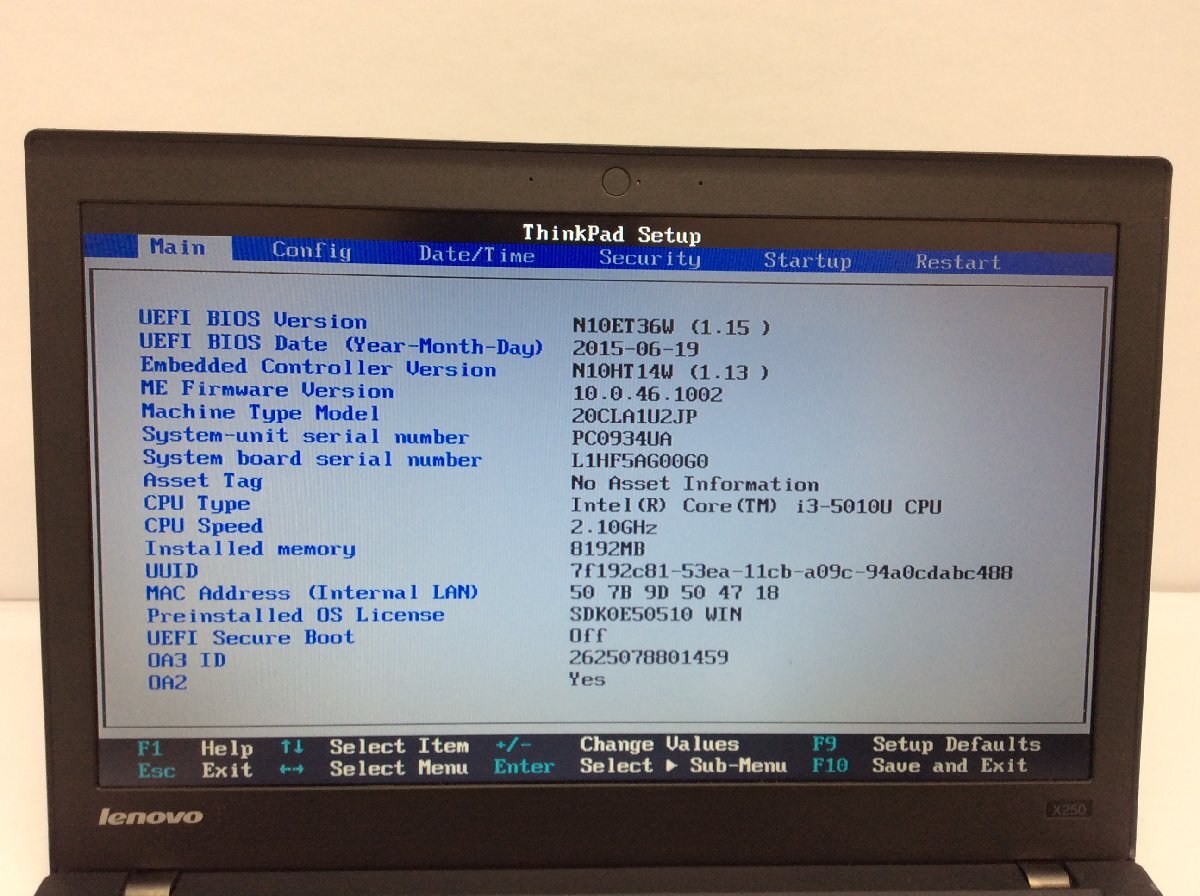 ジャンク/ LENOVO 20CLA1U2JP ThinkPad X250 Intel Core i3-5010U メモリ8.19GB HDD500.1GB 【G19552】の画像5