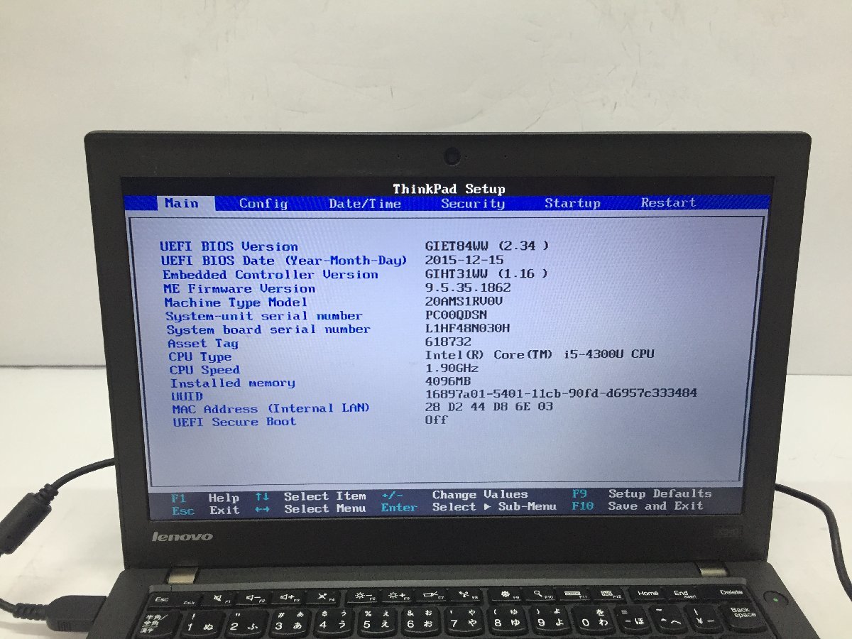 ジャンク/ LENOVO 20AMS1RV0V ThinkPad X240 Intel Core i5-4300U メモリ4.1GB ストレージ無し 【G19503】の画像4