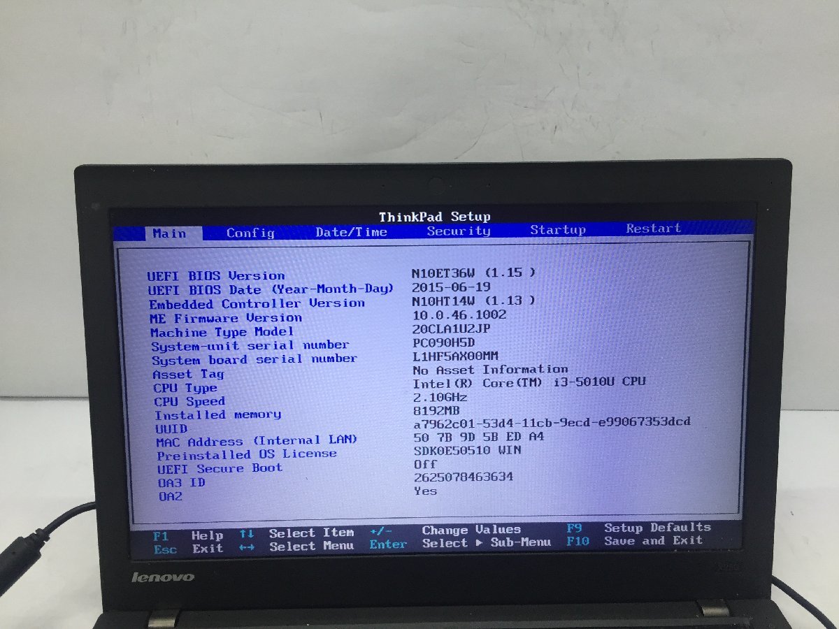 ジャンク/ LENOVO 20CLA1U2JP ThinkPad X250 Intel Core i3-5010U メモリ8.19GB HDD500.1GB 【G19649】_発色不良があります