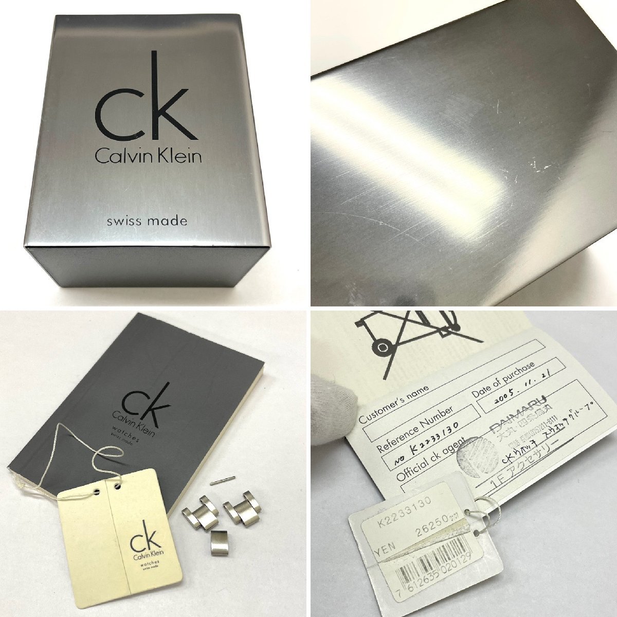 ◆カルバンクライン Calvin Klein◆K22331 クォーツ 腕時計 レディース ウォッチ ブラック文字盤 SS ケース/説明書/コマ/ピン付 不動品_ケースに傷や黒ずみ、取説等に黄ばみ汚れ