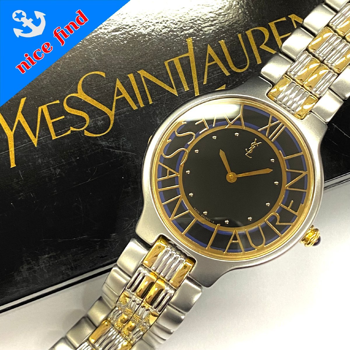 稼働品◆イヴ サンローラン Yves Saint Laurent◆ラウンド 4620-E66319 クォーツ 腕時計 メンズ ウォッチ 黒文字盤 SS 箱/ケース付き