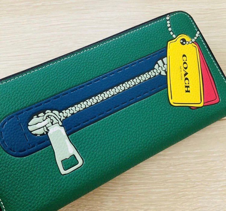 COACH コーチ 長財布 ラウンドジップウォレット アコーディオン ファスナープリント ジッププリント 緑 グリーン COACH コーチ 長財布 ラウンドジップウォレット アコーディオン ファスナープリント ジッププリント 緑 グリーン