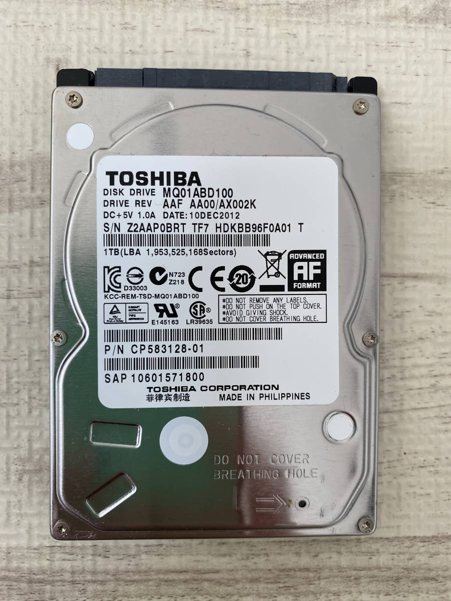 【状態:正常】HDD TOSHIBA MQ01ABD100 1000GB(1TB) 2.5インチ 厚さ9mm_画像1