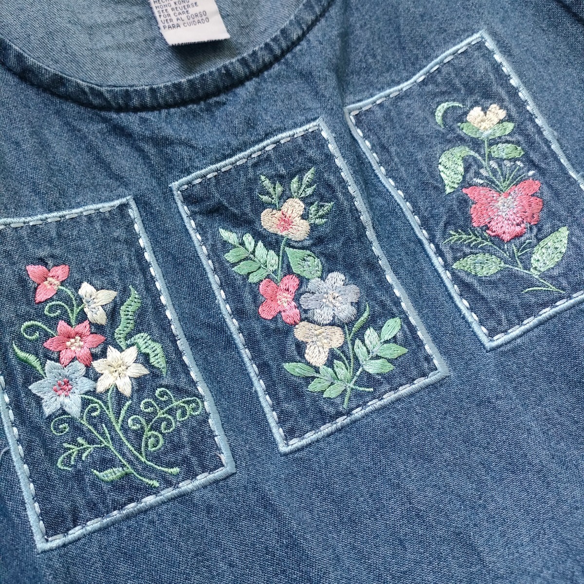 古着 denim&Co デニムロング丈ワンピース ノースリーブ 刺繍 花 女の子 春夏 カジュアル ナチュラル リボン ガーリー