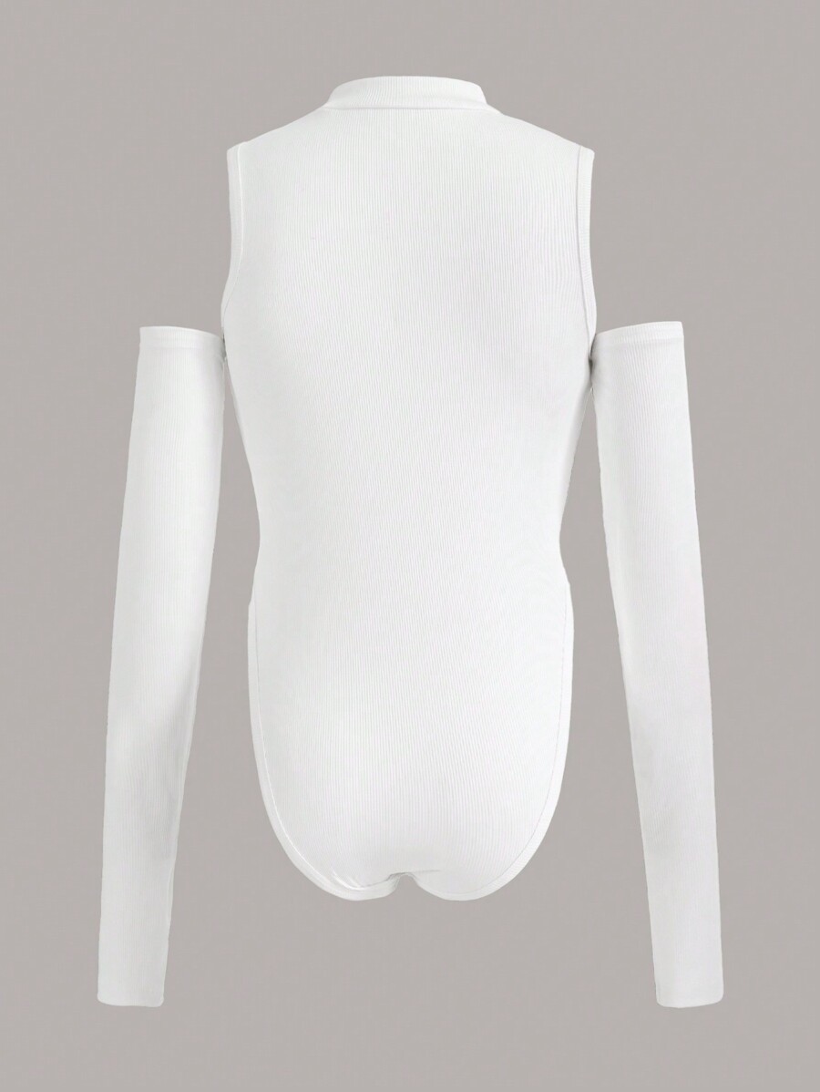 ボディスーツ 女性用ボディースーツ 透け感のある襟とパッチワークスリーブ スリムフィット_画像6
