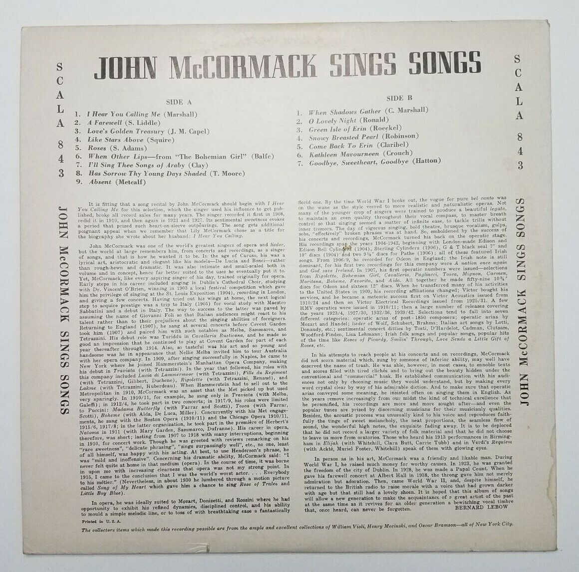 John McCormack Sings Songs Scala 843 バイナル record Tested Works 海外 即決