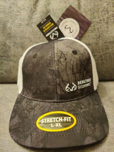 売上実績No.1 RealTree Fishing Logo Gray/Black/White Fitted Trucker Hat Baseball  Cap L/XL 海外 即決 海外商品購入代行