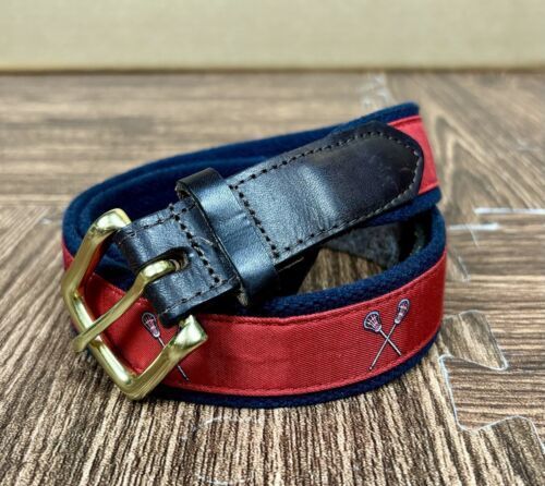 Vineyard Vines Mens 34 Lacrosse Sticks Belt Red Fabric Canvas Leather Brass USA 海外 即決