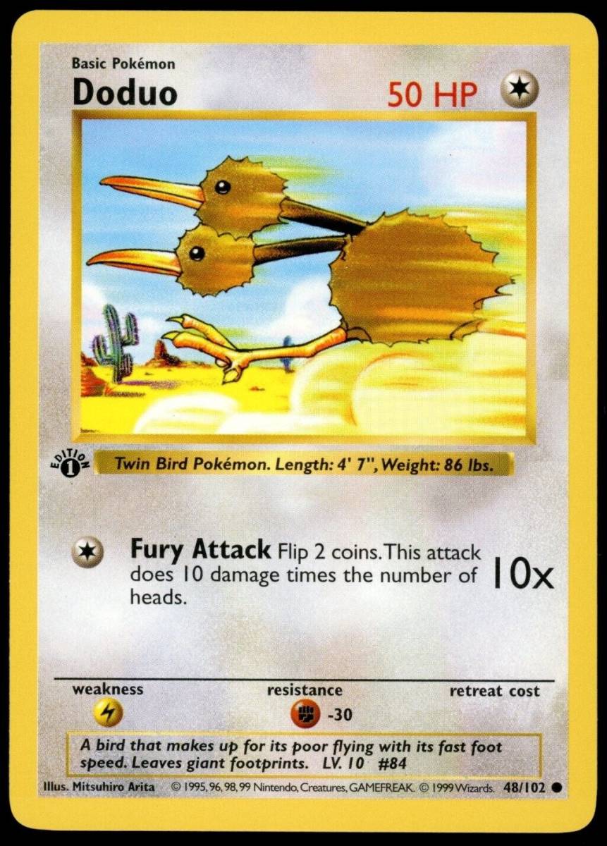 1999 ポケモン DODUO Base Set 1ST EDITION Shadowless Non Holo Card 48/102 WotC NM+ 海外 即決